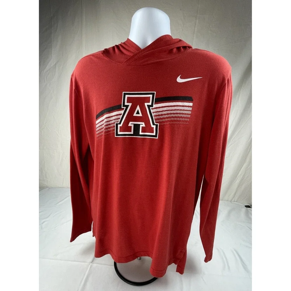 NIKE ARKANSAS RAZORBACKS HOODED PERFORMANCE LONG SLEEVE SHIRT RED MENS LARGE